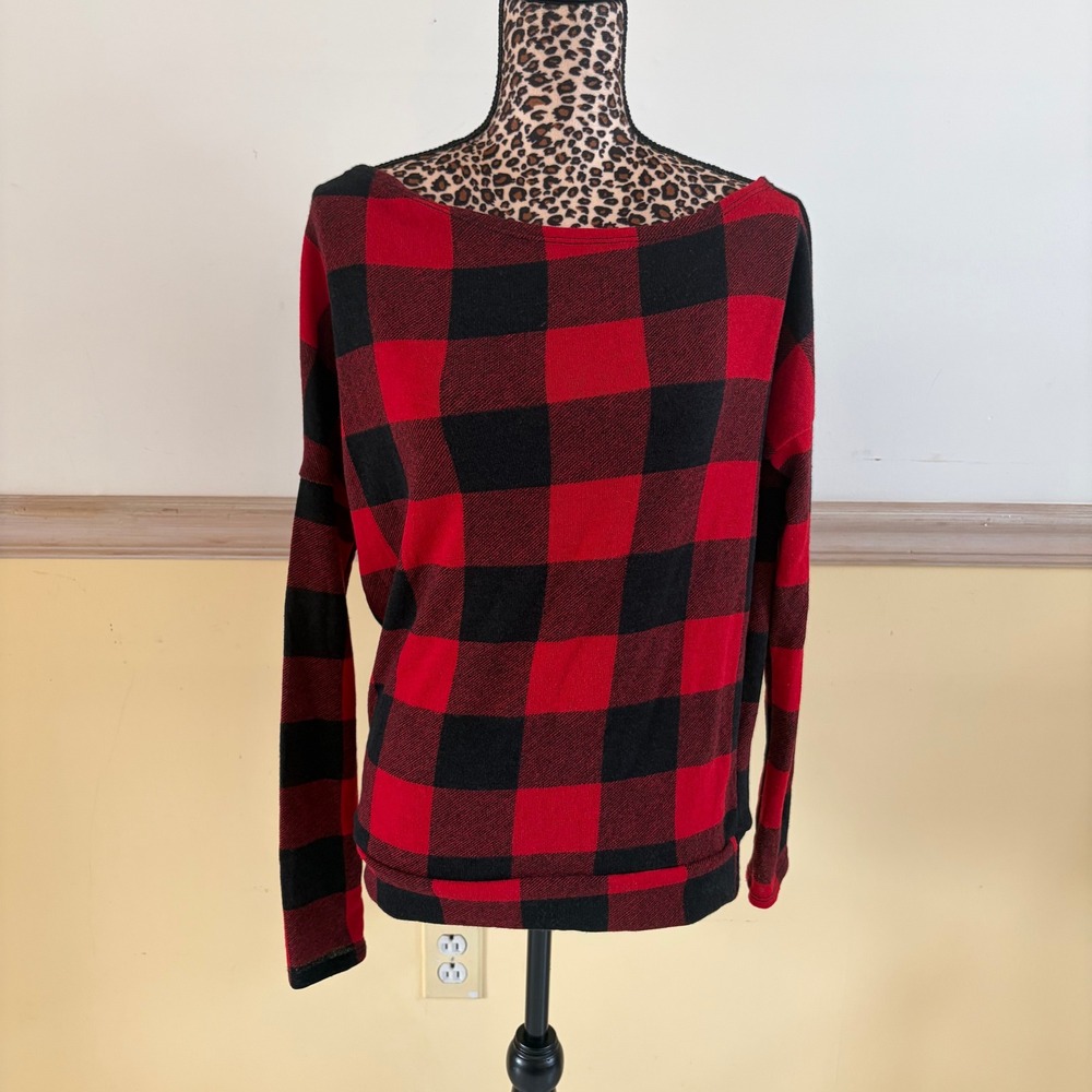 White Birch Red Black Buffalo Plaid Boat Neck Dolman Knit Sleeve Knit Top Small